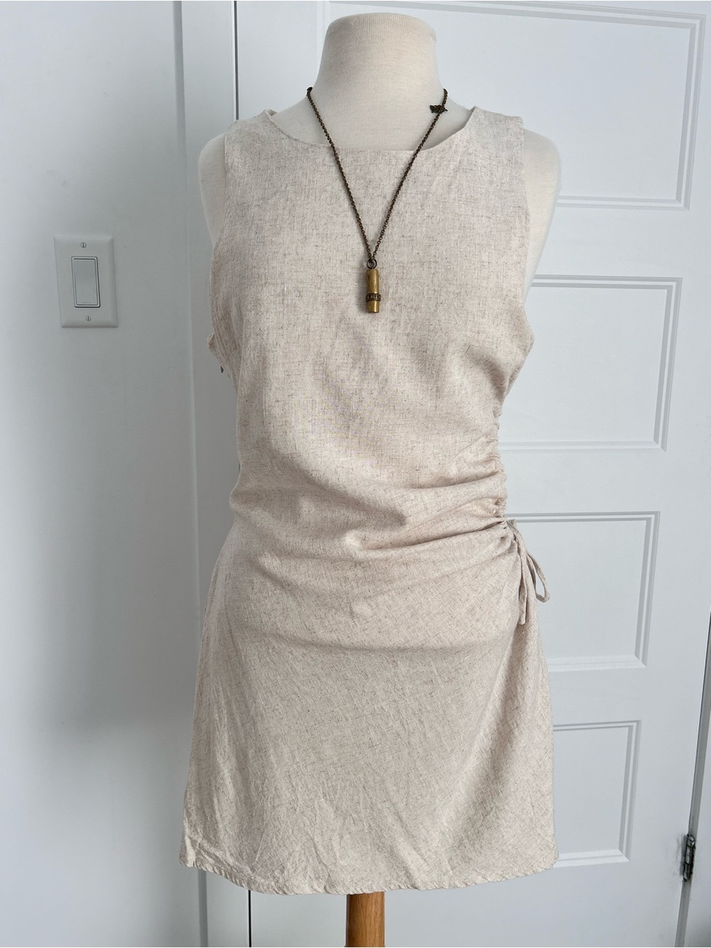 ACW Rayon/Linen blend Sleeveless Cream Mini Dress with Side Ruched Detail